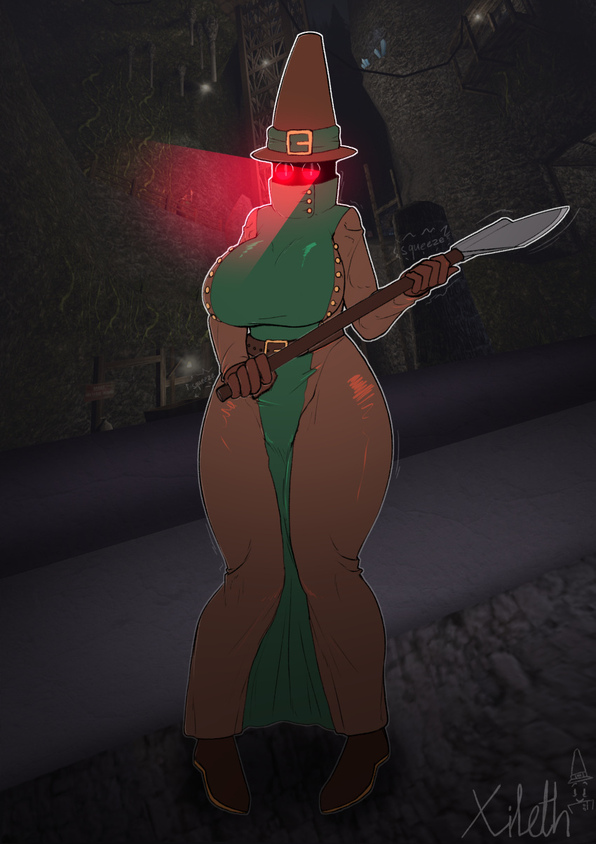 antagonist axe big_axe big_breasts big_butt birmingham breasts britain british butt clothing enemy eyeshadow female gloomwood glowing glowing_eyes half-closed_eyes hat headgear headwear hi_res human humanoid makeup mammal medieval medieval_clothing medieval_england melee_weapon middle_ages narrowed_eyes solo thick_thighs thighs weapon witch_hat xileth