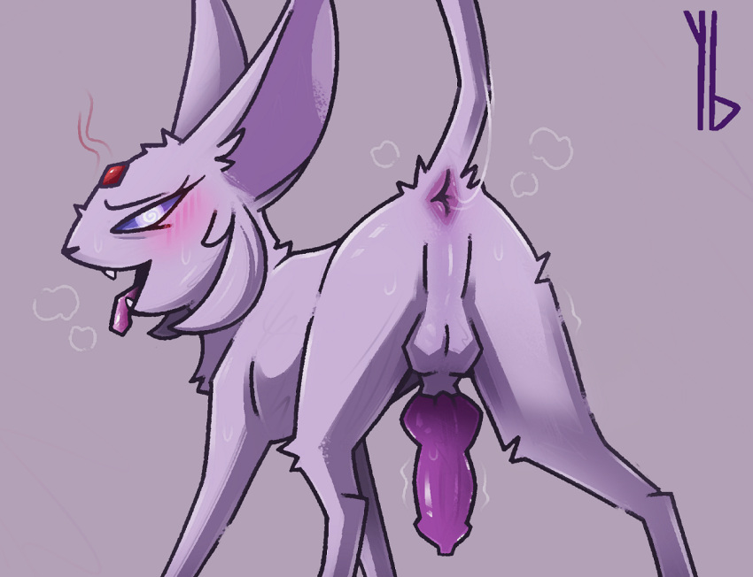 animal_genitalia animal_penis anus balls blush bodily_fluids breath butt canine_penis cheek_tuft chest_tuft digitigrade eeveelution erection espeon facial_tuft fangs feral forehead_gem fur generation_2_pokemon genitals knot looking_at_viewer looking_back male mammal nintendo open_mouth penis pink_background pink_body pink_fur pokemon pokemon_(species) presenting presenting_anus presenting_hindquarters presenting_penis purple_eyes purple_penis quadruped raised_tail shaded signature simple_background solo spiral_eyes sweat tongue tongue_out tuft video_games yaldabroth