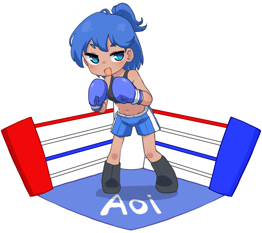 1girl :d absurdres aoi_(amazu) bangs bare_shoulders black_footwear blue_eyes blue_hair blue_shorts boots boxing_gloves boxing_ring breasts chibi commentary fool_iketani highres navel original ponytail short_eyebrows short_shorts shorts simple_background small_breasts smile solo standing symbol-only_commentary thick_eyebrows white_background