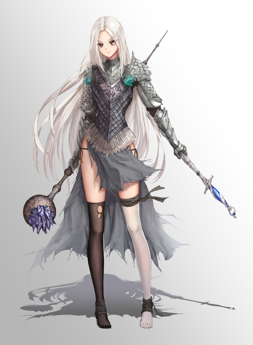 1girl absurdres armor black_thighhighs elden_ring grey_eyes highres holding holding_weapon long_hair looking_at_viewer mage_staff no_shoes non-web_source original standing tarnished_(elden_ring) thighhighs very_long_hair weapon white_hair white_thighhighs yuzuriha
