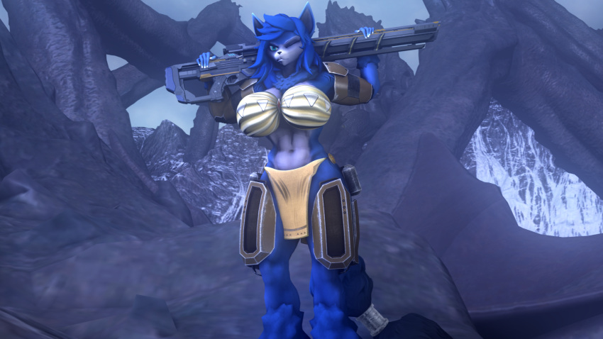 16:9 abs accessory alien angry anthro armor blue_body blue_eyes blue_fur bottomwear bra canid canine claws clothed clothing female feral fingernails fox front_view fur furgonomics gun hair hi_res holding_object holding_weapon krystal loincloth long_hair macro mammal mountain muscular muscular_female nails nintendo one_eye_closed partially_clothed partially_clothed_anthro partially_clothed_female ranged_weapon rifle sanguine_paladin snow solo standing star_fox tail_accessory underwear video_games weapon white_body white_fur widescreen