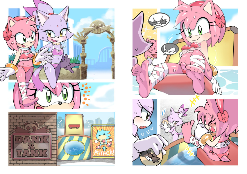 2022 absurd_res amusement_park amy_rose anthro ball barefoot bikini blaze_the_cat blush bodily_fluids bracelet breasts carnival_game city city_background cityscape clothing comic digital_media_(artwork) domestic_cat dr._eggman duo eulipotyphlan excited eye_contact eyelashes fangs feet felid feline felis female female/female flat_chested forehead_gem fur gloves green_eyes handwear happy head_tuft hedgehog hi_res holding_ball holding_object jewelry looking_at_another mammal multicolored_body multicolored_fur navel one_eye_closed open_mouth open_smile oposa outside pink_body pink_fur pool purple_bikini purple_body purple_clothing purple_fur purple_swimwear red_bikini red_hair_tie red_hairband sega sitting small_breasts smile sonic_the_hedgehog sonic_the_hedgehog_(series) speech_bubble spread_legs spreading surprised_expression sweat swimwear tuft walking water wet wet_body white_body white_clothing white_fur white_gloves white_handwear yellow_eyes