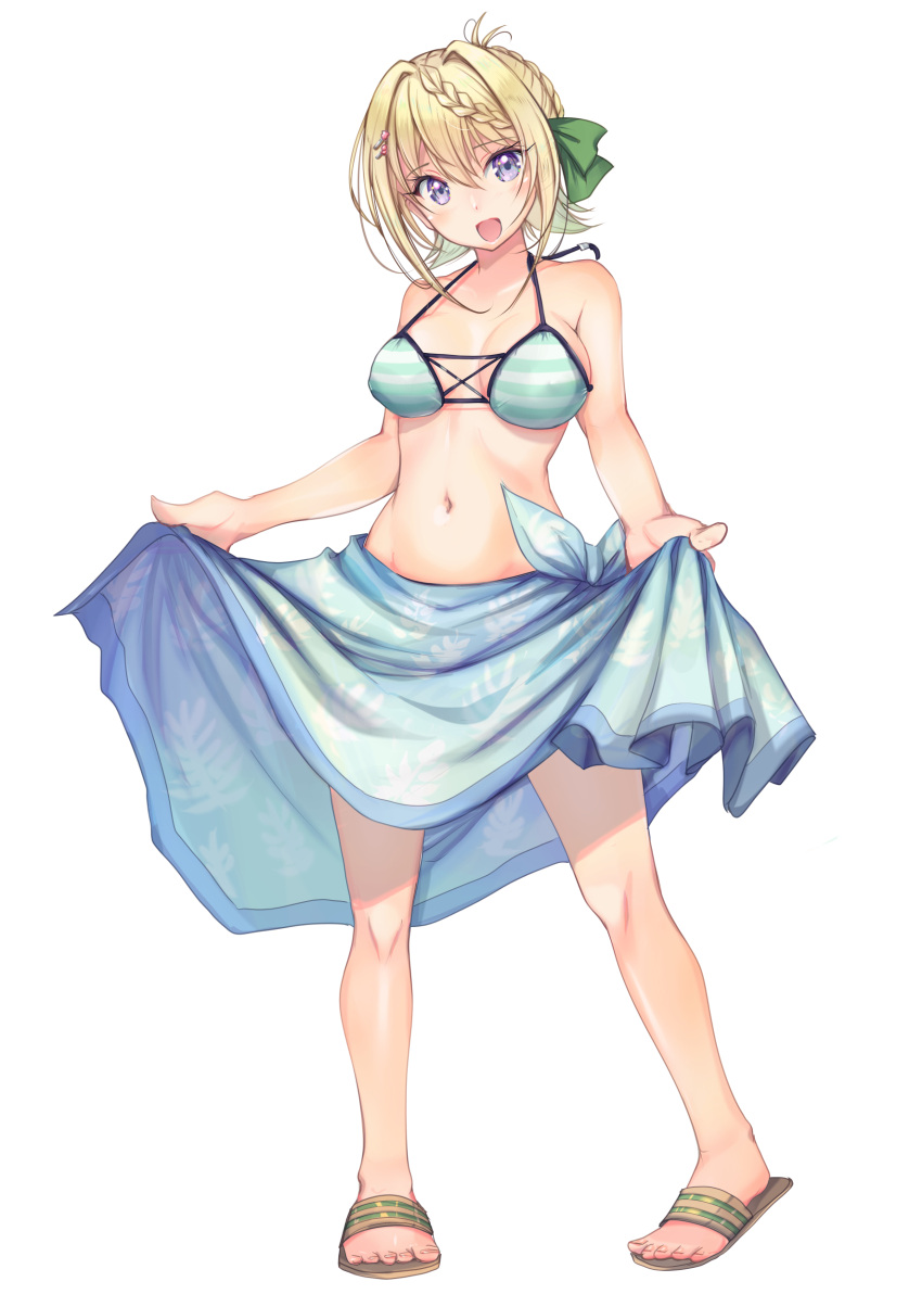 1girl absurdres bikini blonde_hair braid braided_bangs braided_bun breasts clothes_lift commentary_request full_body hair_bun highres kantai_collection long_hair looking_at_viewer medium_breasts official_alternate_costume perth_(kancolle) purple_eyes sandals sarong sarong_lift simple_background smile solo striped striped_bikini swimsuit white_background yashin_(yasinz)