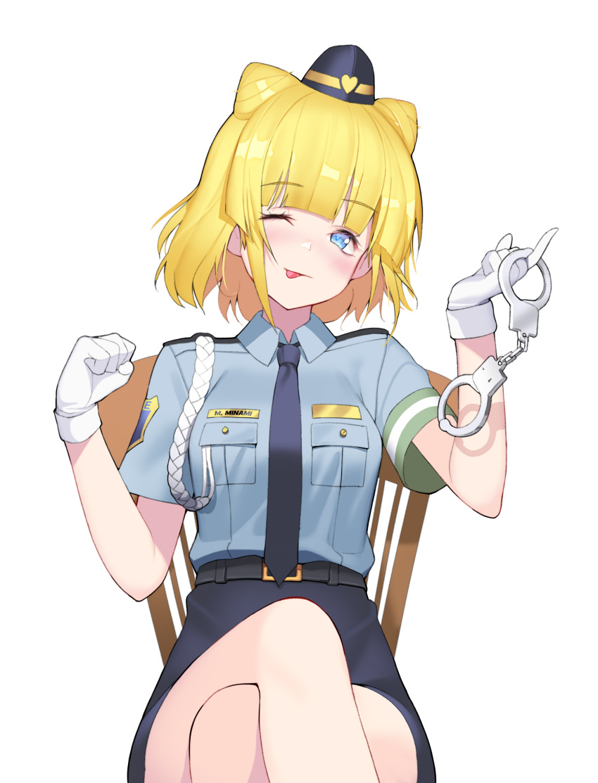 1girl absurdres blonde_hair blue_eyes blush breasts cuffs gloves handcuffs hat highres idol_land_pripara idol_time_pripara looking_at_viewer migu_(iws2525) minami_mirei necktie one_eye_closed police police_uniform policewoman pretty_(series) pripara short_hair sitting solo tongue tongue_out uniform