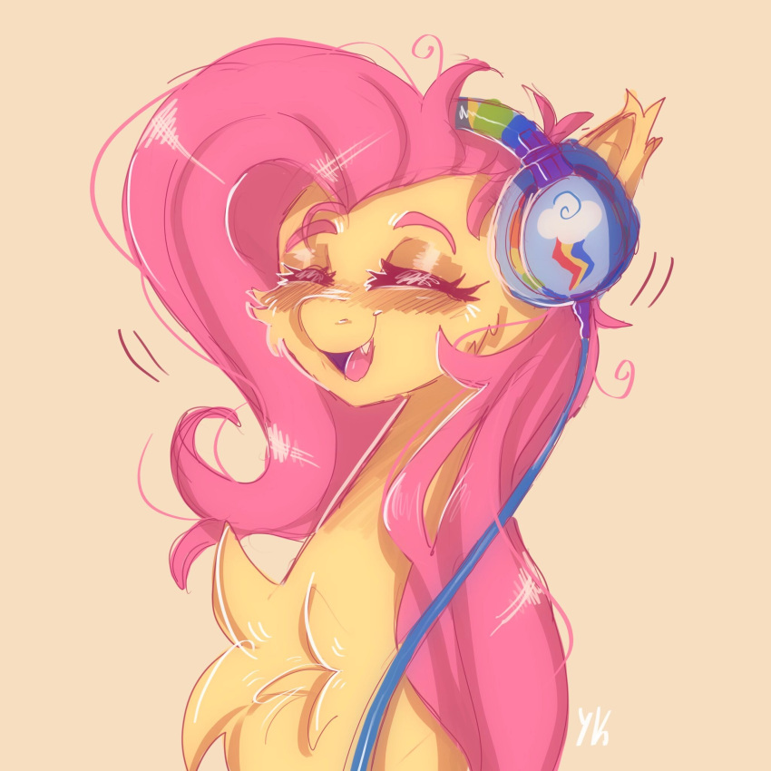 1:1 bat_pony blush chest_tuft digital_media_(artwork) equid eyebrows eyelashes eyes_closed fangs female feral flutterbat_(mlp) fluttershy_(mlp) friendship_is_magic fur hair hasbro headphones hi_res long_hair mammal my_little_pony open_mouth open_smile pink_hair simple_background smile solo tuft yellow_body yellow_fur yumkandie