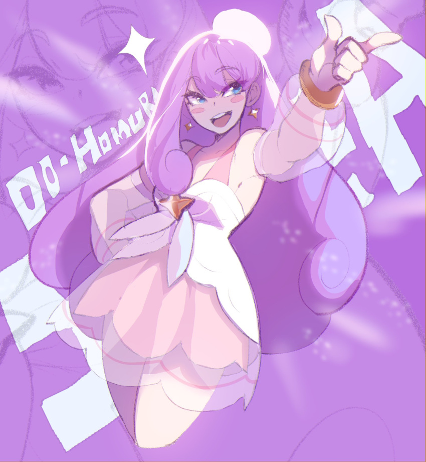 1girl :d armpits blue_eyes blush_stickers character_request cropped_legs curly_hair detached_sleeves dress earrings hand_on_hip highres jewelry long_hair nyantcha original pointing purple_hair purple_theme see-through see-through_sleeves smile standing thighhighs very_long_hair white_dress white_thighhighs zoom_layer