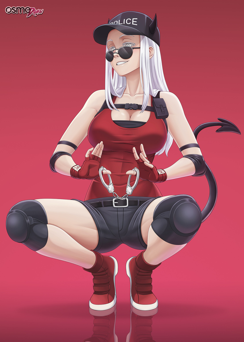 1girl blind breasts cuffs demon_girl demon_tail full_body gloves hat helltaker highres justice_(helltaker) knee_pads kneeling red_background red_shirt shirt shorts smile sunglasses tail white_hair