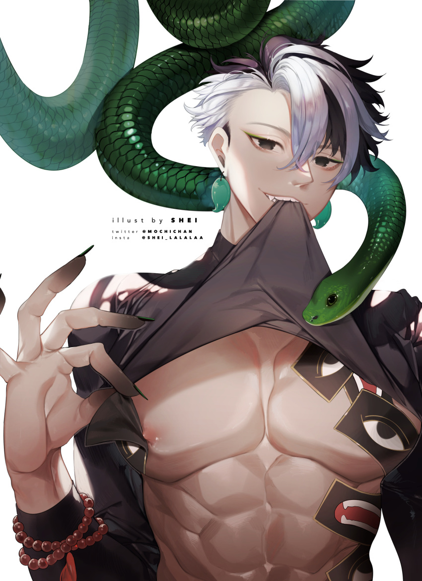1boy abs absurdres alternate_costume alternate_hair_length alternate_hairstyle animal artist_name ashiya_douman_(fate) background_text bangs biting biting_clothes black_eyes black_hair black_shirt clothes_lift commentary earrings eyeshadow fang fate/grand_order fate_(series) green_eyeshadow highres instagram_username jewelry long_sleeves looking_at_viewer magatama magatama_earrings makeup male_focus multicolored_hair muscular muscular_male nipples pectoral_cleavage pectorals shei99 shirt shirt_lift short_hair simple_background smile snake solo twitter_username two-tone_hair underpec white_background white_hair