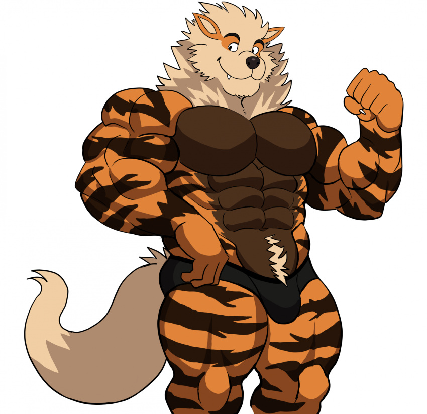 2025 abs anthro anthrofied arcanine biceps black_clothing black_underwear bulge clothed clothing darknaigart flexing fur generation_1_pokemon hi_res male muscular muscular_anthro muscular_male nintendo pecs pokemon pokemon_(species) simple_background solo striped_body striped_fur stripes topless topless_anthro topless_male underwear underwear_only white_background