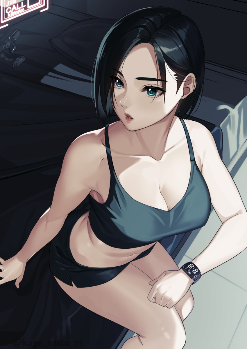 1girl absurdres bare_shoulders bed black_hair black_shorts black_tank_top breasts cleavage collarbone crop_top from_above green_eyes gun handgun highres kagematsuri large_breasts lips looking_to_the_side midriff navel on_bed parted_lips pillow short_hair short_shorts shorts sitting smartwatch solo stomach tank_top thighs valorant viper_(valorant) watch weapon wristwatch