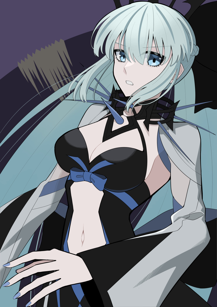 1girl absurdres black_bow black_dress blue_eyes bow braid breasts clenched_teeth commentary dress fate/grand_order fate_(series) hair_bow half_up_braid highres koma315ht large_breasts long_hair long_sleeves looking_at_viewer morgan_le_fay_(fate) navel ponytail teeth very_long_hair white_hair wide_sleeves