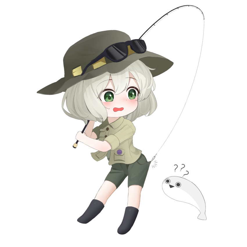 1girl ? ?? alternate_costume alternate_headwear black_boots boots chinese_commentary commentary_request deformed eyewear_on_headwear fish fish_request fishing_rod full_body green_eyes green_hair green_hat green_shorts hair_between_eyes hat highres holding holding_fishing_rod komeiji_koishi medium_hair shirt shorts simple_background solo sunglasses touhou triangle_mouth white_background wrainman yellow_shirt