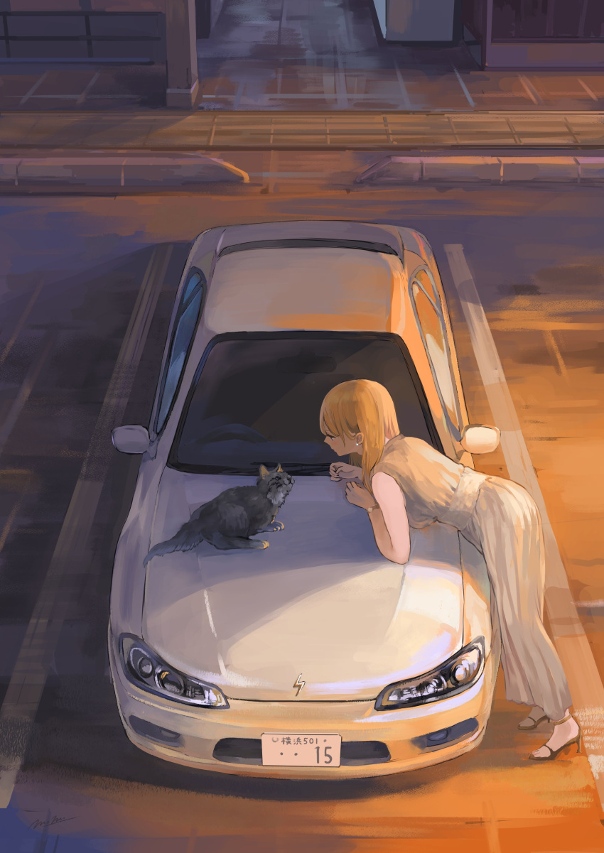 1girl absurdres black_footwear blonde_hair car cat commentary_request dress ground_vehicle high_heels highres license_plate long_dress long_hair momo_hiki motor_vehicle original parking_lot sleeveless sleeveless_dress solo vehicle_focus vehicle_request white_dress