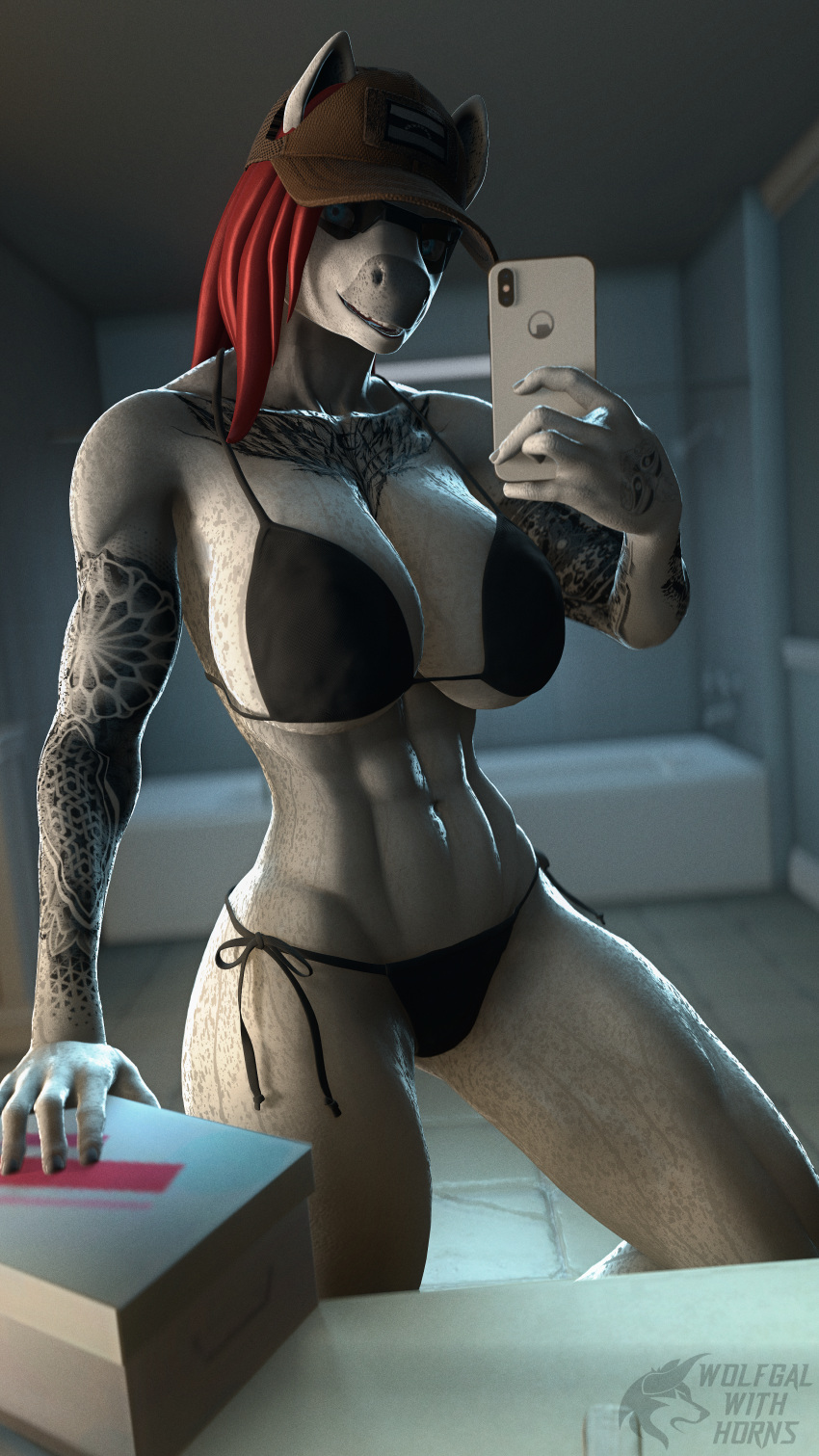 3d_(artwork) abs absurd_res anthro arm_tattoo bathroom big_breasts bikini bikini_bottom bikini_top blue_eyes breasts chest_tattoo clothing digital_media_(artwork) equid equine female hair hat headgear headwear hi_res horse ludexus mammal muscular muscular_anthro muscular_female phone red_hair selfie smile solo source_filmmaker swimwear tattoo venezuela vero_(ludexus) wet wet_body white_body