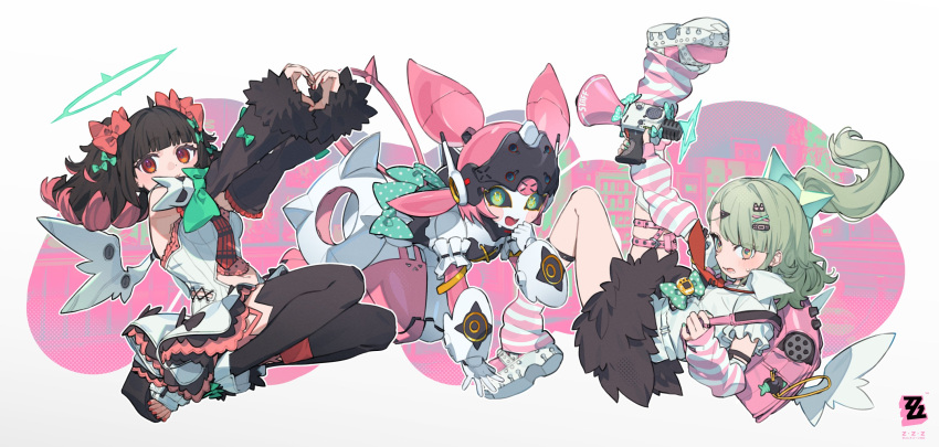 3girls angels_of_delusion aria_(zenless_zone_zero) arm_garter arm_warmers bandaid bandaid_hair_ornament bare_shoulders black_hair black_sclera black_skirt black_thighhighs blush bow clothing_cutout colored_inner_hair colored_sclera commentary detached_sleeves dress earrings floating_hair fur-trimmed_skirt fur-trimmed_sleeves fur_trim green_bow green_hair green_halo hair_bow hair_ornament halo heart heart_hands highres holding holding_megaphone humanoid_robot jewelry leg_warmers looking_at_viewer megaphone multicolored_hair multiple_girls multiple_hair_bows multiple_hair_clips musical_note_earrings nangong_yu navel navel_cutout open_mouth pink_arm_warmers pink_bag pink_bow pink_leg_warmers pink_shoes polka_dot polka_dot_bow ponytail red_eyes red_nails robot robot_girl shirt shoes short_twintails skirt sleeve_bow sowichi striped_arm_warmers striped_leg_warmers sunna_(zenless_zone_zero) sweat thighhighs twintails white_dress white_shirt winged_bag zenless_zone_zero