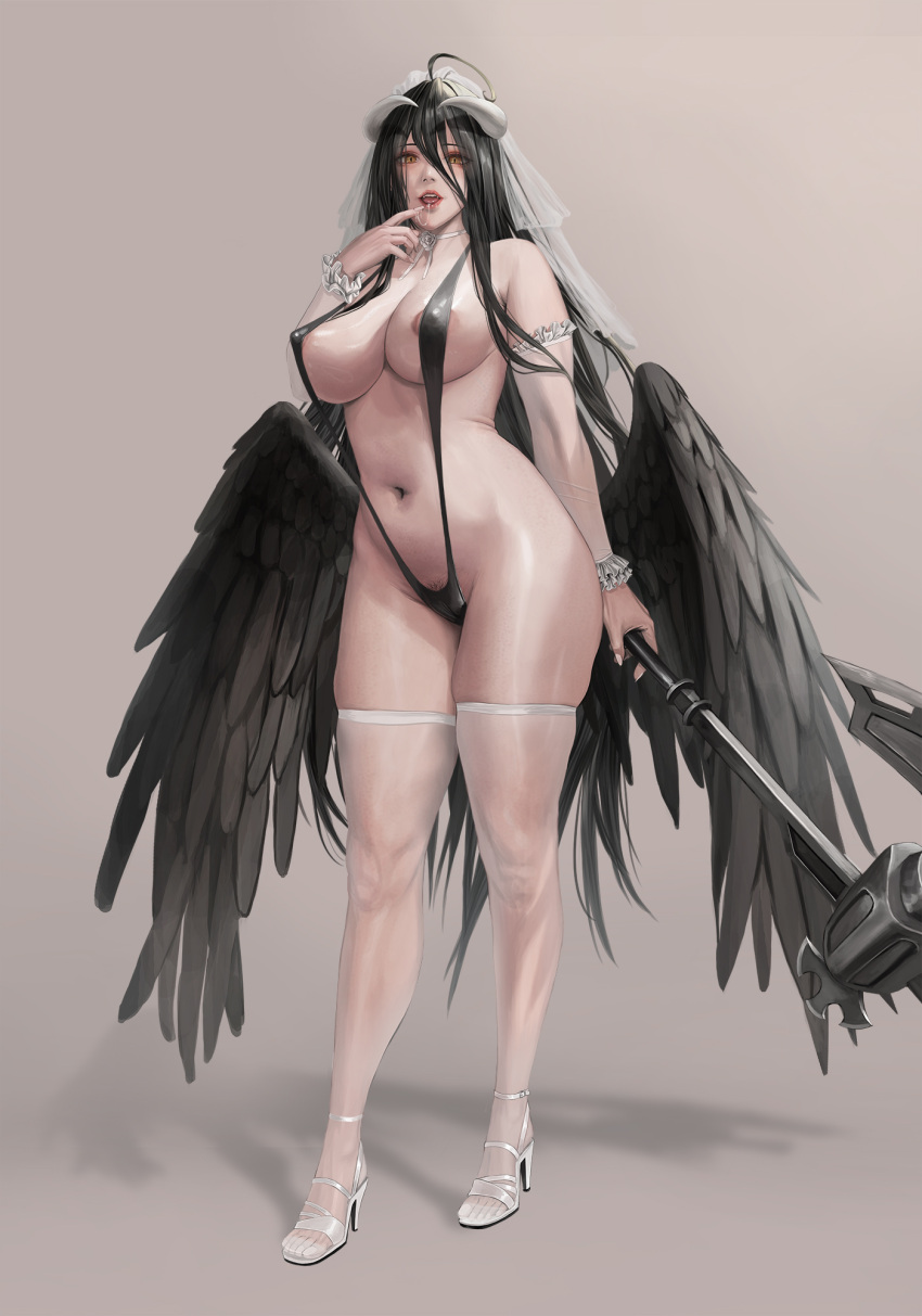 1girl albedo_(overlord) axe black_hair black_wings breasts bridal_veil covered_nipples detached_sleeves feathered_wings finger_to_mouth full_body high_heels highres jeneral large_breasts long_hair looking_at_viewer low_wings navel overlord_(maruyama) simple_background slingshot_swimsuit solo standing stomach swimsuit thighhighs veil very_long_hair wings