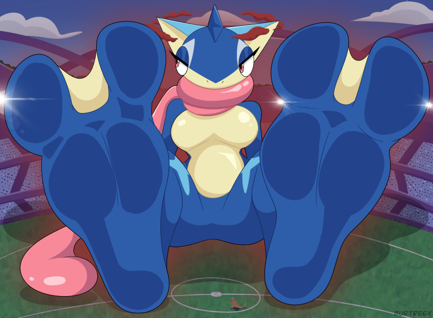 2_toes absurd_res amphibian breasts burtreex charizard cloud dragon extreme_size_difference featureless_breasts feet female foot_fetish foot_focus frog generation_1_pokemon generation_6_pokemon greninja hi_res macro_female membrane_(anatomy) micro mythological_creature mythological_scalie mythology nintendo pokemon pokemon_(species) scalie size_difference sky stadium toes webbed_feet