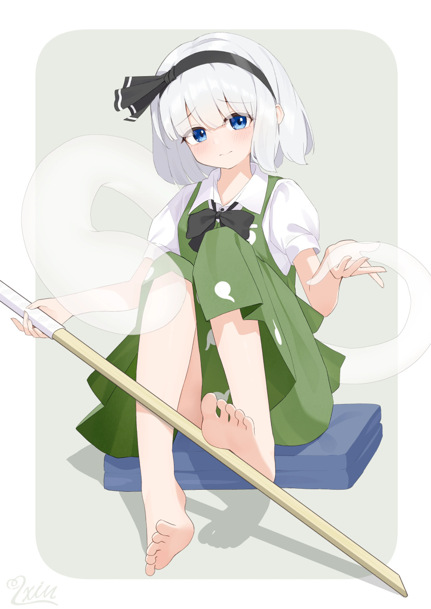 1girl absurdres barefoot black_bow black_bowtie black_hairband blue_eyes blush bow bowtie chinese_commentary closed_mouth collared_shirt commentary_request green_skirt green_vest grey_hair hairband highres hitodama hitodama_print holding holding_sword holding_weapon konpaku_youmu konpaku_youmu_(ghost) puffy_short_sleeves puffy_sleeves shadow shirt short_sleeves sitting skirt skirt_set soles solo sword toes touhou vest weapon white_shirt wooden_sword wrainman