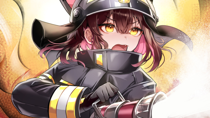 1girl animal_ears bangs black_gloves brown_hair cat_ears cat_girl crossed_bangs fang fire fire_helmet firefighter firefighter_jacket gloves holding holding_hose hose jacket long_hair looking_to_the_side medium_hair misyune open_mouth original sidelocks solo water