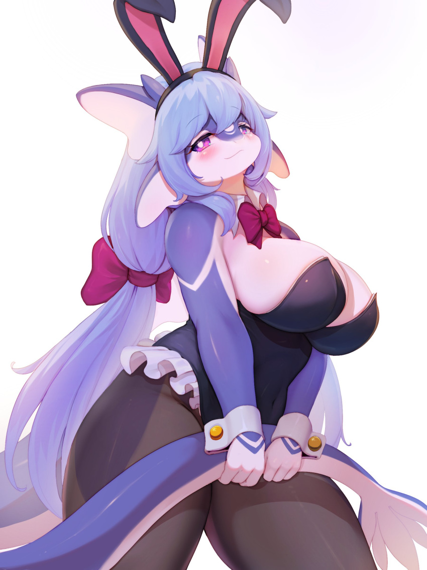 1girl absurdres animal_ears aruri_(whooo-ya) black_pantyhose blue_hair bow bowtie breasts cleavage closed_mouth commentary_request detached_collar fake_animal_ears furry furry_female hair_bow highres holding holding_tail korean_commentary large_breasts long_hair looking_at_viewer low_twintails original pantyhose pink_eyes playboy_bunny rabbit_ears red_bow red_bowtie simple_background smile solo tail twintails very_long_hair white_background whooo-ya