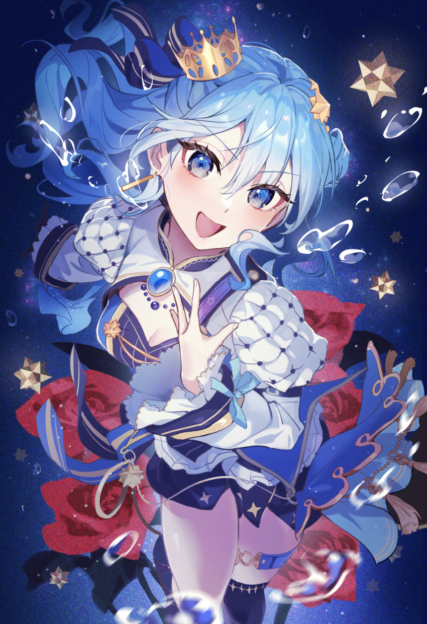 1girl :d akaike bangs blue_background blue_eyes blue_hair blue_ribbon blue_shorts blue_thighhighs breasts bubble cleavage crown earrings hair_between_eyes hair_ornament hair_ribbon highres hololive hoshimachi_suisei jewelry long_hair long_sleeves looking_at_viewer medium_breasts mini_crown ribbon shorts smile solo star_(symbol) star_in_eye symbol_in_eye tassel thigh_strap thighhighs tilted_headwear virtual_youtuber