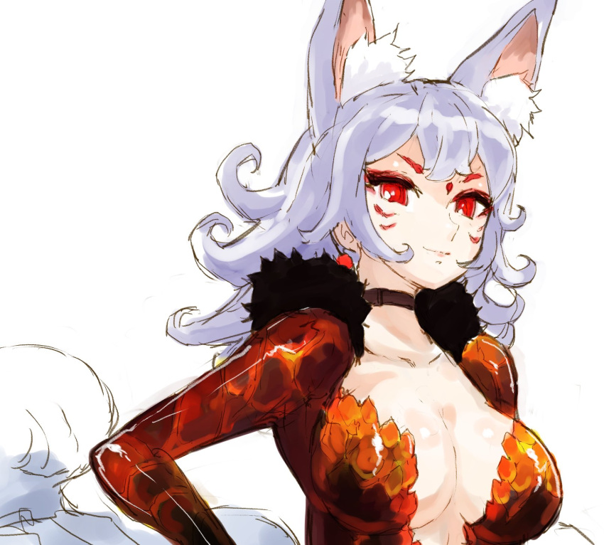 1girl animal_ear_fluff animal_ears bangs black_choker breasts center_opening choker cleavage collarbone cosplay dola_(nijisanji) dola_(nijisanji)_(cosplay) earrings extra_ears facial_mark forehead_mark fox_ears fox_girl fox_tail highres jewelry lantern_earrings leotard multiple_tails nijisanji nijisanji_en nina_kosaka portrait quizmaster red_eyes red_leotard sketch solo tail virtual_youtuber