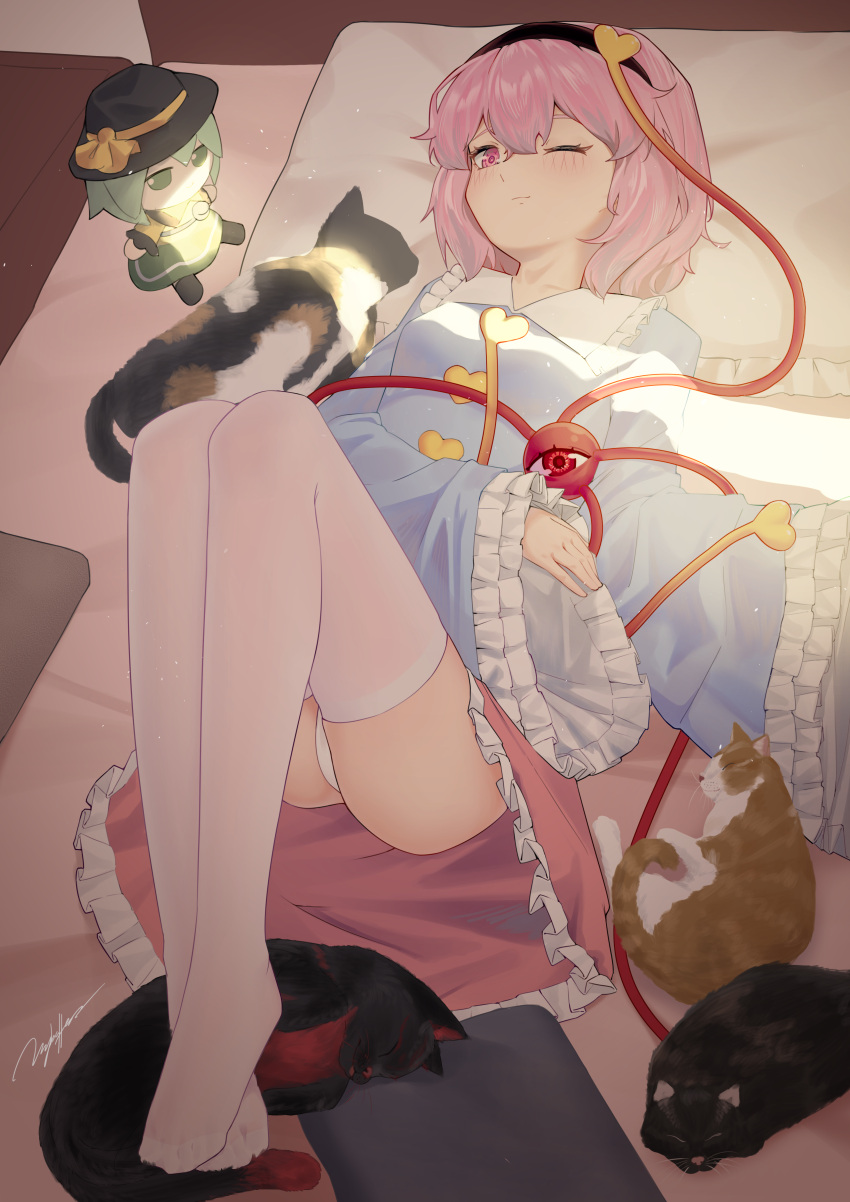 1girl absurdres black_hairband blue_shirt buttons cat character_doll closed_mouth collared_shirt commentary_request doll frilled_shirt_collar frilled_skirt frilled_sleeves frills full_body fumo_(doll) hair_between_eyes hairband hand_on_own_stomach heart_button highres indoors knees_up komeiji_koishi komeiji_satori light_blush light_smile littiecy long_sleeves looking_up lying on_back on_bed one_eye_closed pink_eyes pink_hair pink_skirt shirt short_hair signature skirt solo thighhighs third_eye touhou white_thighhighs wide_sleeves window_light