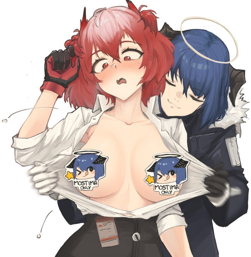 2girls arknights bangs black_gloves black_jacket black_skirt blue_hair censored character_censor commentary fiammetta_(arknights) fur-trimmed_jacket fur_trim gloves halo hand_up highres horns jacket mostima_(arknights) multiple_girls novelty_censor open_clothes open_mouth open_shirt pink_hair radioneet red_eyes shirt short_hair simple_background skirt white_background white_shirt yuri