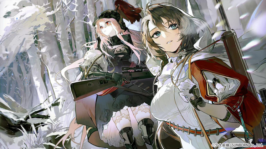 2girls armored_boots artist_request ascot bangs battle_rifle black_cape black_dress blue_eyes bolt_action boots brown_hair cape closed_mouth dress garter_belt garter_straps gauntlets girls'_frontline gloves gun gun_on_back helmet holding holding_gun holding_weapon hood hood_up kar98k_(girls'_frontline) lee-enfield lee-enfield_(girls'_frontline) long_hair looking_away mauser_98 metal_boots military_helmet mod3_(girls'_frontline) multiple_girls official_art open_mouth pink_hair promotional_art red_cape red_eyes rifle scenery sidelocks snow snow_on_tree snowflakes standing thighhighs tree weapon weapon_on_back white_ascot white_gloves white_hood white_thighhighs white_uniform winter