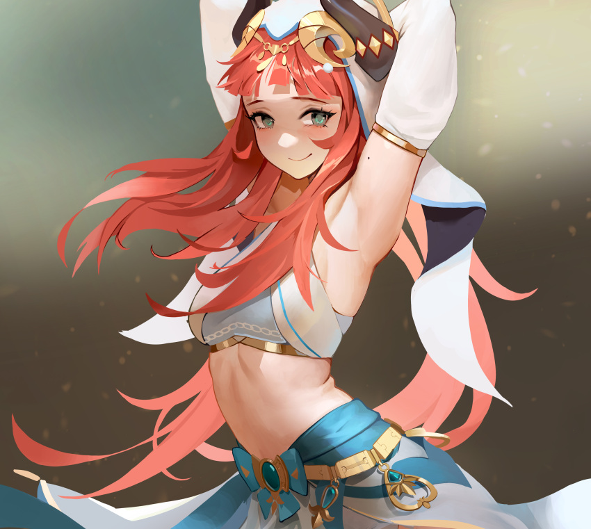 1girl absurdres aqua_eyes arm_behind_head armpits arms_up bangs blush breasts circlet closed_mouth crop_top detached_sleeves forehead_jewel genshin_impact gold_trim gradient gradient_background highres horns jewelry long_sleeves looking_at_viewer midfinger mole_on_arm nilou_(genshin_impact) parted_bangs puffy_sleeves red_hair skirt small_breasts smile solo stomach veil vision_(genshin_impact) white_sleeves