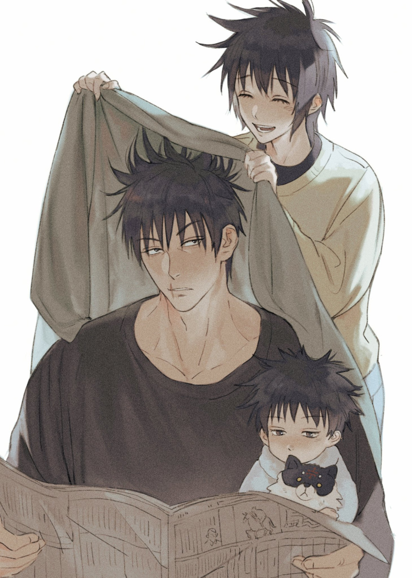 1girl 2boys baby black_hair black_shirt blanket carrying carrying_baby carrying_person child closed_eyes closed_mouth collarbone commentary_request family fushiguro_megumi fushiguro_touji highres holding holding_blanket holding_newspaper jujutsu_kaisen long_sleeves megumi's_mother_(jujutsu_kaisen) messy_hair multiple_boys naspibon_ox newspaper shirt short_hair simple_background sitting smile standing white_background