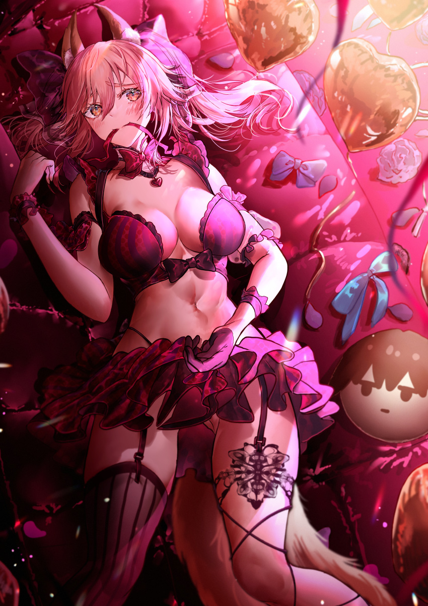 1girl absurdres animal_ear_fluff animal_ears balloon blush bra breasts cleavage collarbone fate/extra fate/extra_ccc fate/grand_order fate_(series) fox_ears fox_girl fox_tail gloves hair_ribbon heart heart_necklace highres jewelry large_breasts looking_at_viewer lying navel necklace on_back pink_bra pink_hair pink_ribbon ribbon sanbon_hijiki single_glove solo split_ponytail tail tamamo_(fate) tamamo_no_mae_(fate/extra) underwear