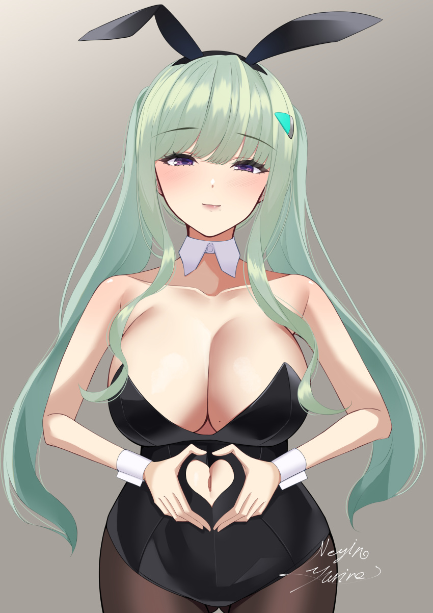 1girl absurdres animal_ears breasts clothing_cutout commentary_request green_hair heart heart_hands heaven_burns_red highres large_breasts long_hair looking_at_viewer murofushi_risa negino_yurine playboy_bunny purple_eyes rabbit_ears stomach_cutout
