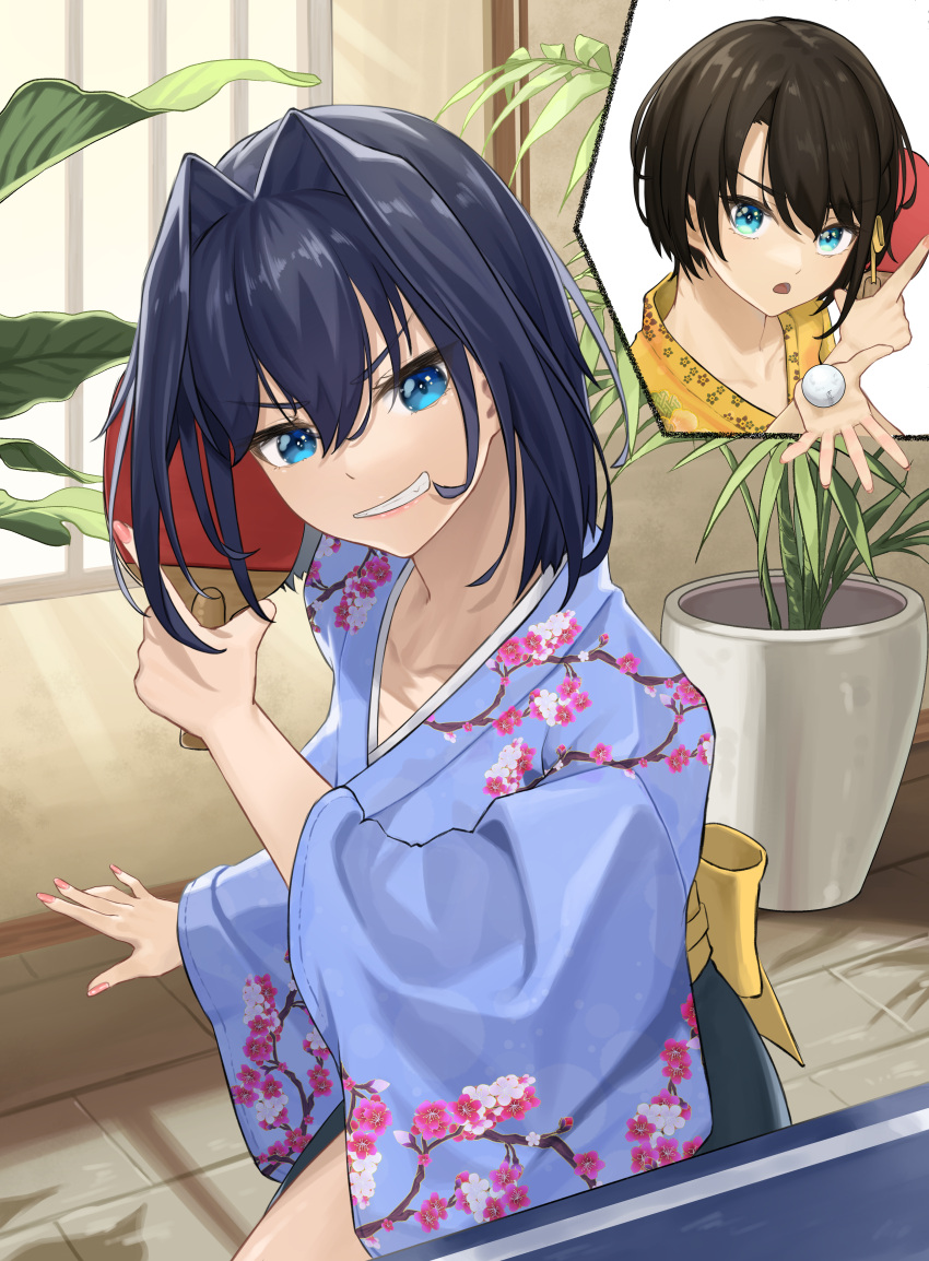 2girls absurdres ball bangom_r bangs blue_eyes blue_hair blue_kimono brown_hair floral_print grin hair_between_eyes hair_intakes highres holding holding_ball holding_paddle hololive hololive_english indoors japanese_clothes kimono looking_at_viewer multiple_girls oozora_subaru open_mouth ouro_kronii paddle plant potted_plant print_kimono short_hair smile table_tennis table_tennis_ball table_tennis_paddle virtual_youtuber yellow_kimono