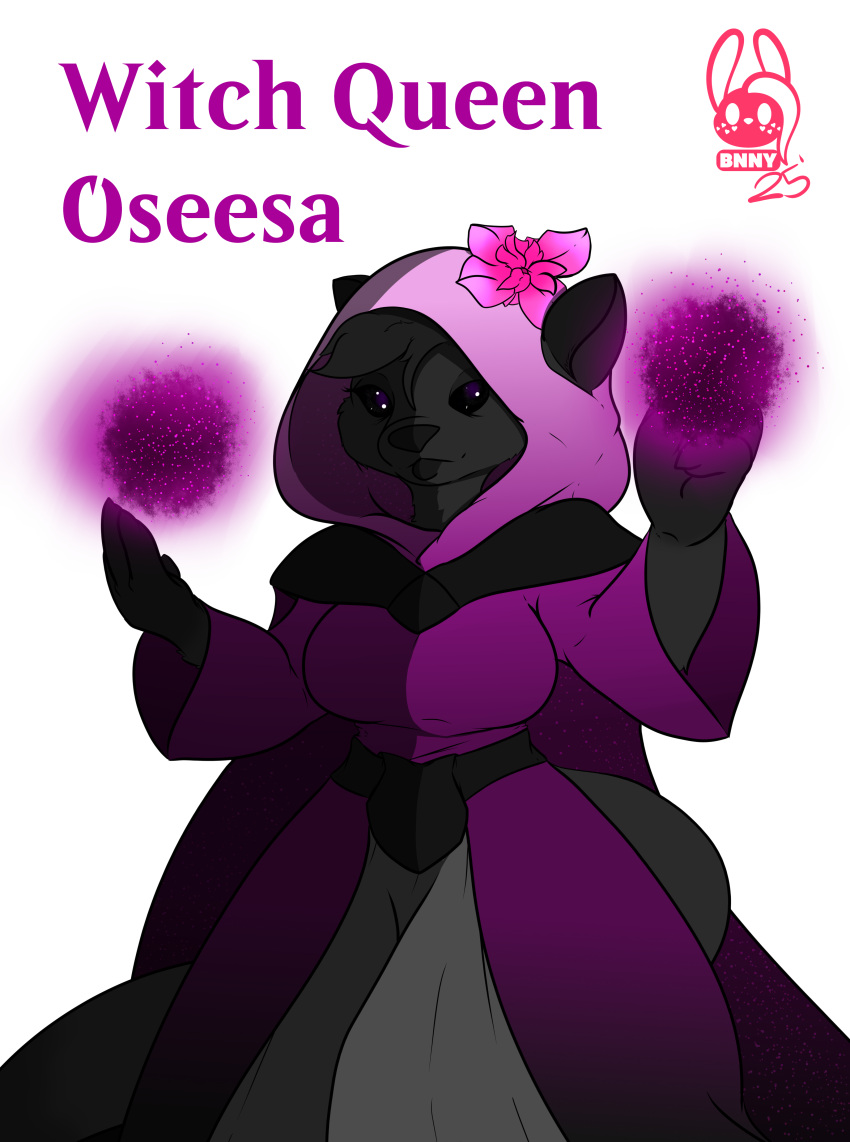absurd_res black_body clothing dress english_text female glowing hi_res magic mammal mustelid otter paws purple_eyes raised_paw semi-anthro snout solo standing succubusbnny tail text