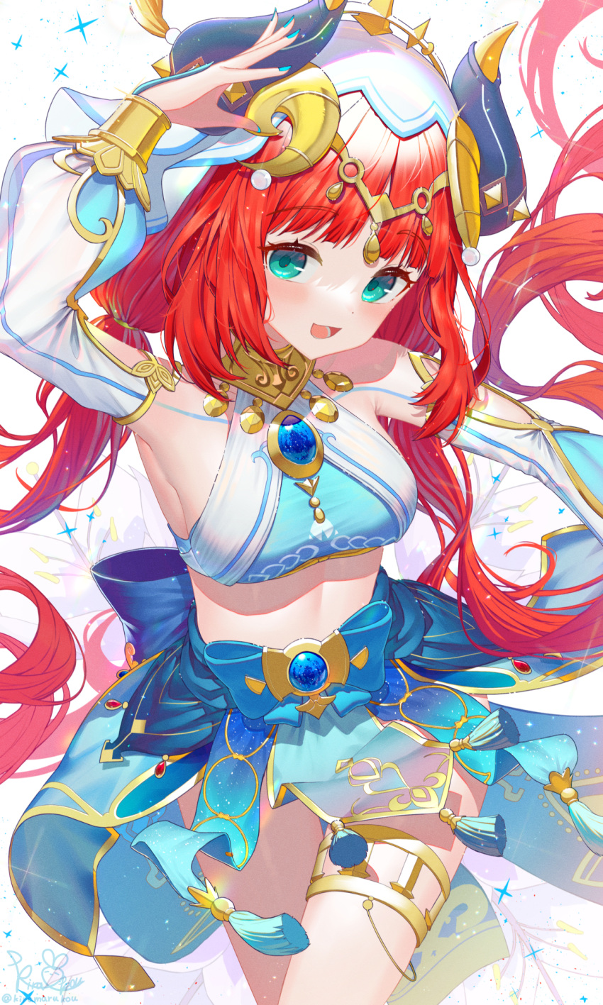 1girl :d aqua_eyes arabian_clothes arm_up bangs blue_nails blush bracelet breasts brooch commentary_request crop_top curled_horns eyelashes forehead_jewel gem genshin_impact gold_trim harem_outfit highres horns jewelry kiramarukou long_hair long_sleeves lower_teeth medium_breasts midriff narrow_waist navel necklace nilou_(genshin_impact) open_mouth pelvic_curtain puffy_long_sleeves puffy_sleeves red_hair revealing_clothes simple_background skirt smile solo sparkle stomach tassel teeth twitter_username upper_body veil white_background