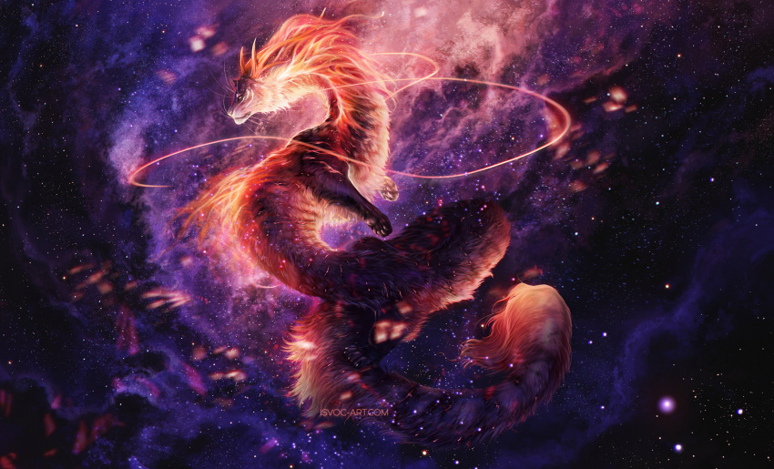 2022 ambiguous_gender cosmic_background digital_media_(artwork) dragon felid feline feral fur furred_dragon hi_res horn hybrid isvoc mammal solo whiskers