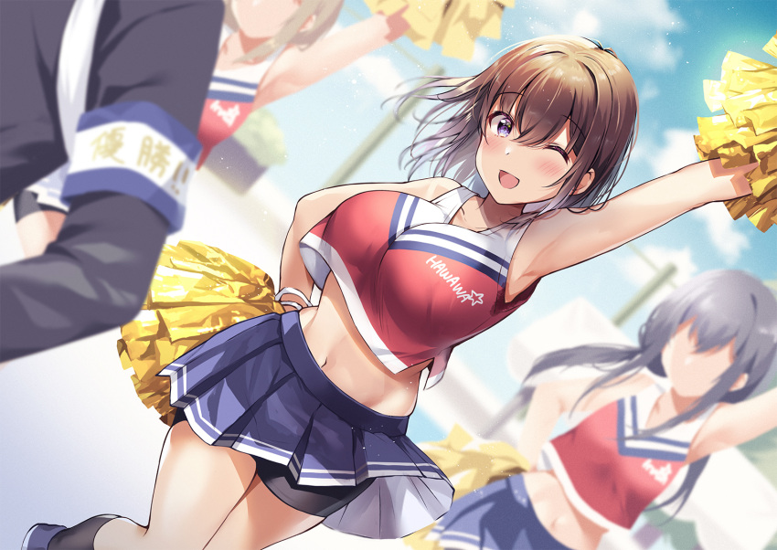 1boy 3girls :d arm_up armband armpits bangs bare_shoulders black_hair black_shorts blue_skirt blue_sky blurry blurry_background blush breasts brown_hair cheerleader collarbone commentary_request crop_top day dutch_angle faceless faceless_female highres holding large_breasts long_hair multiple_girls navel one_eye_closed original outdoors pleated_skirt pom_pom_(cheerleading) red_shirt shiro_kuma_shake shirt shorts shorts_under_skirt skirt sky smile solo_focus stomach