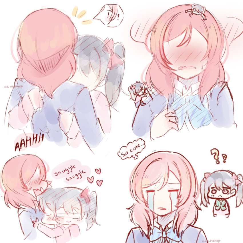 2girls ? ?? black_hair blue_bow blue_bowtie blue_jacket blush bow bowtie chibi chibi_on_shoulder closed_eyes closed_mouth collared_shirt colored_speech_bubble crying cuddling english_text flustered full-face_blush green_bow green_bowtie heart highres hug jacket love_live! love_live!_school_idol_project medium_hair missladysheep multiple_girls nishikino_maki open_mouth otonokizaka_school_uniform pink_jacket red_bow red_hair school_uniform shirt short_hair short_twintails sketch speech_bubble thinking twintails watermark white_background white_shirt yazawa_nico yuri