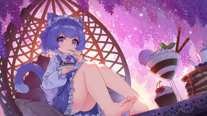 1girl absurdres animal_ears barefoot blue_eyes blue_hair braid cake cake_slice cat_ears cat_girl cat_tail cherry ci_wen_jian_bu_cun_zai colored_tips commentary_request cupcake dress eating flower food fork frilled_dress frills fruit half_up_braid highres legs long_sleeves looking_at_viewer macaron maid maid_headdress multicolored_hair original outdoors pancake pancake_stack parfait pillow pinafore_dress plate puffy_long_sleeves puffy_sleeves shirt short_hair sitting sleeveless sleeveless_dress tail teapot two-tone_hair white_hair white_shirt wisteria
