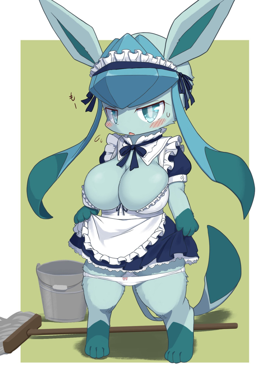 anthro big_breasts blue_body blue_eyes blush border breasts clothed clothing eeveelution female generation_4_pokemon glaceon green_background hi_res koorinezumi looking_at_viewer maid_uniform nintendo partially_clothed pokemon pokemon_(species) pokemorph raised_clothing shadow simple_background solo underwear underwear_down uniform video_games white_border