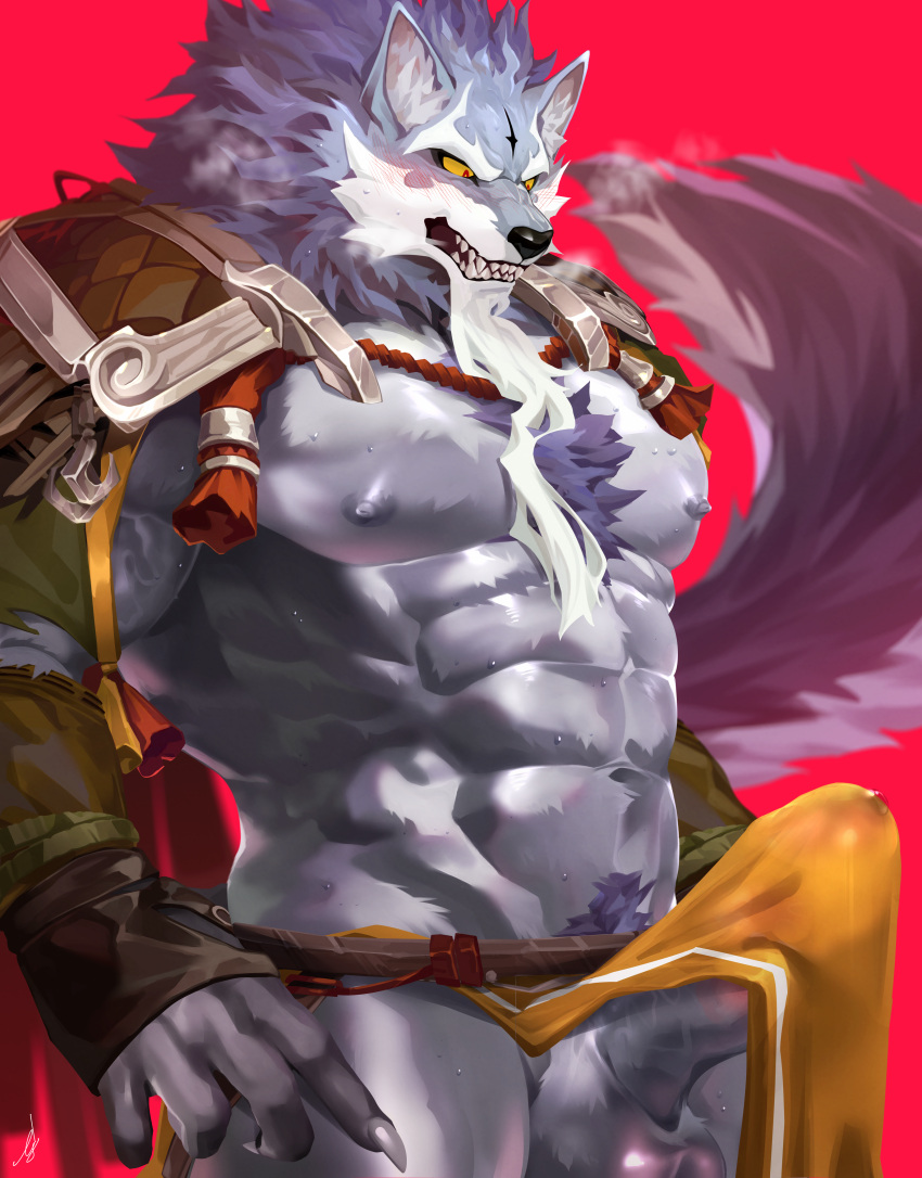 abs absurd_res anthro balls biceps big_balls big_penis black_nose blush canid canine canis claws clothed clothing erection erection_under_clothing facial_hair fur genitals grey_body grey_fur hi_res humanoid_hands ig ig1119 law_(sdorica) male mammal muscular muscular_anthro muscular_male nipples pecs penis sdorica solo wolf