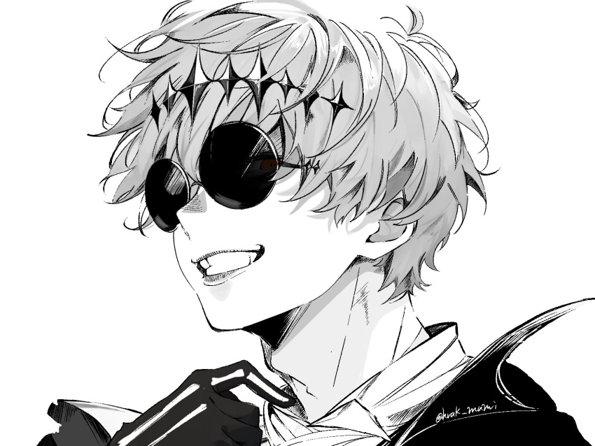1boy adam's_apple character_request closed_mouth commentary_request gloves greyscale grin highres hrak_mumi male_focus monochrome round_eyewear short_hair simple_background smile solo twisted_wonderland twitter_username white_background