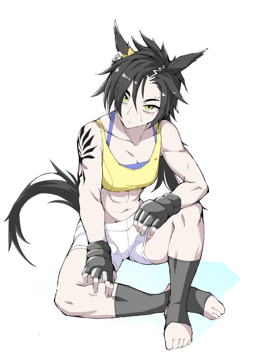 1girl air_shakur_(umamusume) animal_ears bangs black_gloves black_hair black_socks closed_mouth fingerless_gloves gloves highres horse_ears horse_girl horse_tail looking_at_viewer navel nexas short_hair shorts simple_background socks solo sports_bra stirrup_legwear tail tattoo toeless_legwear toes umamusume white_background white_shorts wrestling_outfit yellow_eyes