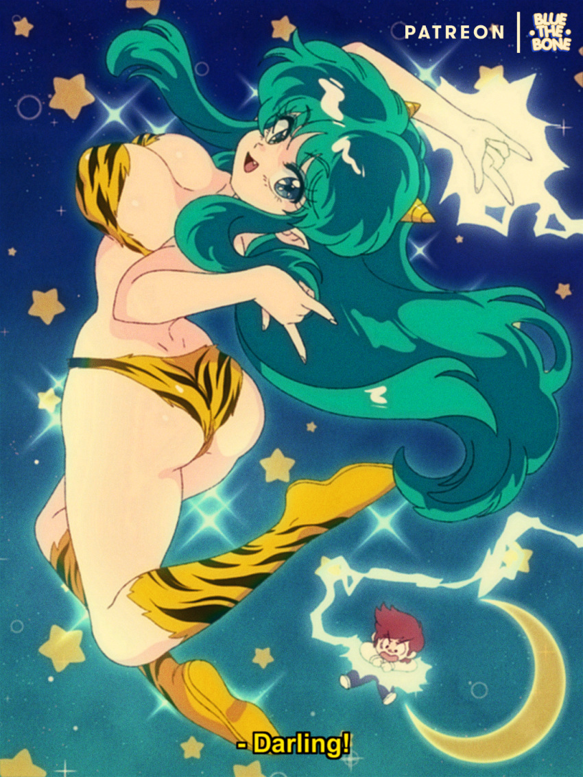 1boy 1girl :d animal_print ass bikini bluethebone breasts cleavage crescent electricity english_text fang green_eyes green_hair highres horns long_hair lum moroboshi_ataru patreon_username retro_artstyle smile solo star_(symbol) swimsuit tiger_print urusei_yatsura very_long_hair