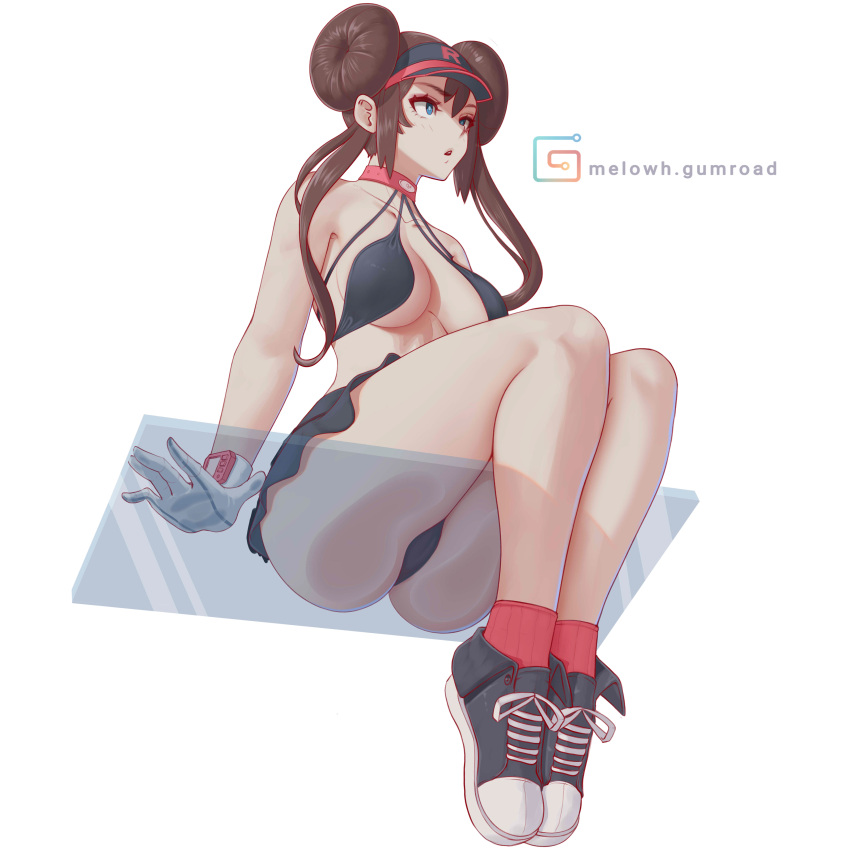 1girl absurdres ass bikini bikini_skirt black_bikini blue_eyes breasts brown_hair cameltoe choker double_bun doughnut_hair_bun glass gloves hair_bun highres large_breasts melowh parted_lips pink_choker pokemon pokemon_(game) pokemon_bw2 rosa_(pokemon) shoes sitting sneakers solo swimsuit team_rocket thighs twintails visor_cap white_gloves