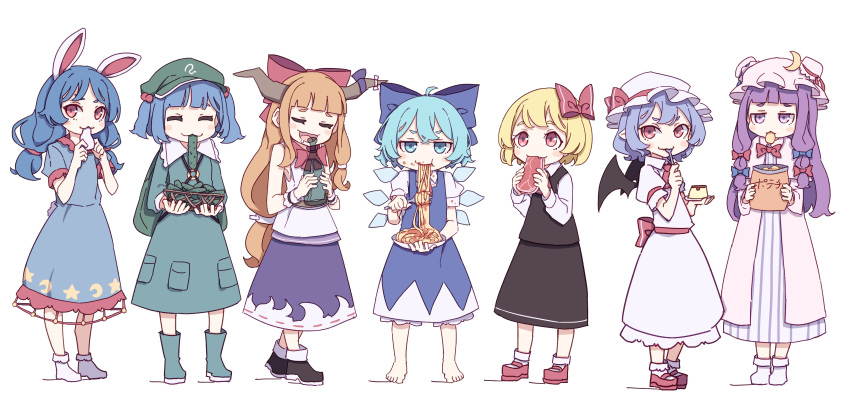 6+girls absurdres ahoge alcohol animal_ears back_bow bag bangs bare_shoulders barefoot belt black_footwear black_skirt black_vest blonde_hair blue_bow blue_dress blue_eyes blue_footwear blue_hair blue_ribbon blush_stickers boots bottle bow bowl bowtie chips_(food) cirno closed_eyes closed_mouth collared_dress collared_shirt commentary_request crescent crescent_hat_ornament crescent_print crossed_bangs cucumber double_bun dress eating fang food food_on_clothes food_on_face fork full_body green_bag green_headwear grey_belt grey_shirt grey_socks hair_between_eyes hair_bobbles hair_bow hair_bun hair_ornament hat hat_ornament hat_ribbon highres horns ibuki_suika ice ice_wings kame_(kamepan44231) kawashiro_nitori ketchup long_hair looking_at_viewer looking_to_the_side meat medium_hair mob_cap mochi multiple_girls no_shoes open_clothes open_dress open_mouth orange_hair package pasta patchouli_knowledge pink_belt pink_bow pink_dress pink_headwear pink_ribbon plate pocket puffy_short_sleeves puffy_sleeves purple_dress purple_eyes purple_hair purple_ribbon purple_skirt rabbit_ears rabbit_tail red_bow red_bowtie red_eyes red_footwear red_ribbon remilia_scarlet ribbon rumia seiran_(touhou) shirt shoes short_sleeves short_twintails simple_background skirt sleeveless sleeveless_shirt smile socks spaghetti standing star_(symbol) star_print striped striped_dress tail touhou twintails vegetable vest white_background white_dress white_headwear white_shirt white_socks wings wrist_cuffs