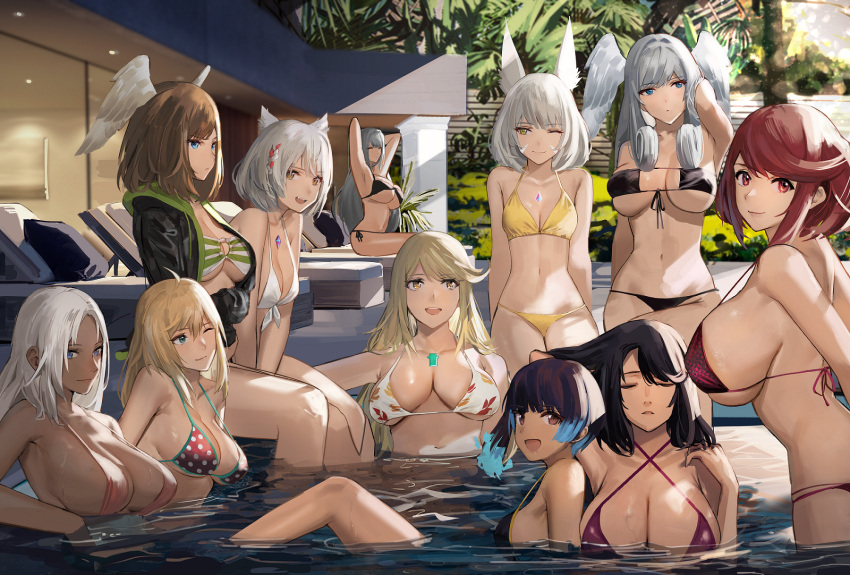 6+girls :d ahoge arm_up arms_up bangs beach_chair bikini black_bikini black_hair blonde_hair blue_eyes blush breasts breasts_apart brown_eyes brown_hair chair chest_jewel cleavage closed_mouth dark-skinned_female dark_skin elma_(xenoblade_x) ethel_(xenoblade) eunie_(xenoblade) facial_mark fiery_hair fiora_(xenoblade) grey_hair head_wings highres huge_breasts j@ck large_breasts leaf_print long_hair looking_at_viewer lounge_chair medium_breasts medium_hair melia_antiqua mio_(xenoblade) multiple_girls mythra_(xenoblade) navel nia_(xenoblade) one_eye_closed outdoors paid_reward_available parted_lips polka_dot polka_dot_bikini pool poolside purple_bikini pyra_(xenoblade) red_bikini red_eyes red_hair sena_(xenoblade) sharla_(xenoblade) short_hair sideboob sitting skindentation small_breasts smile stomach strap_gap swimsuit thighs water white_bikini white_hair xenoblade_chronicles_(series) xenoblade_chronicles_1 xenoblade_chronicles_2 xenoblade_chronicles_3 xenoblade_chronicles_x yellow_bikini yellow_eyes