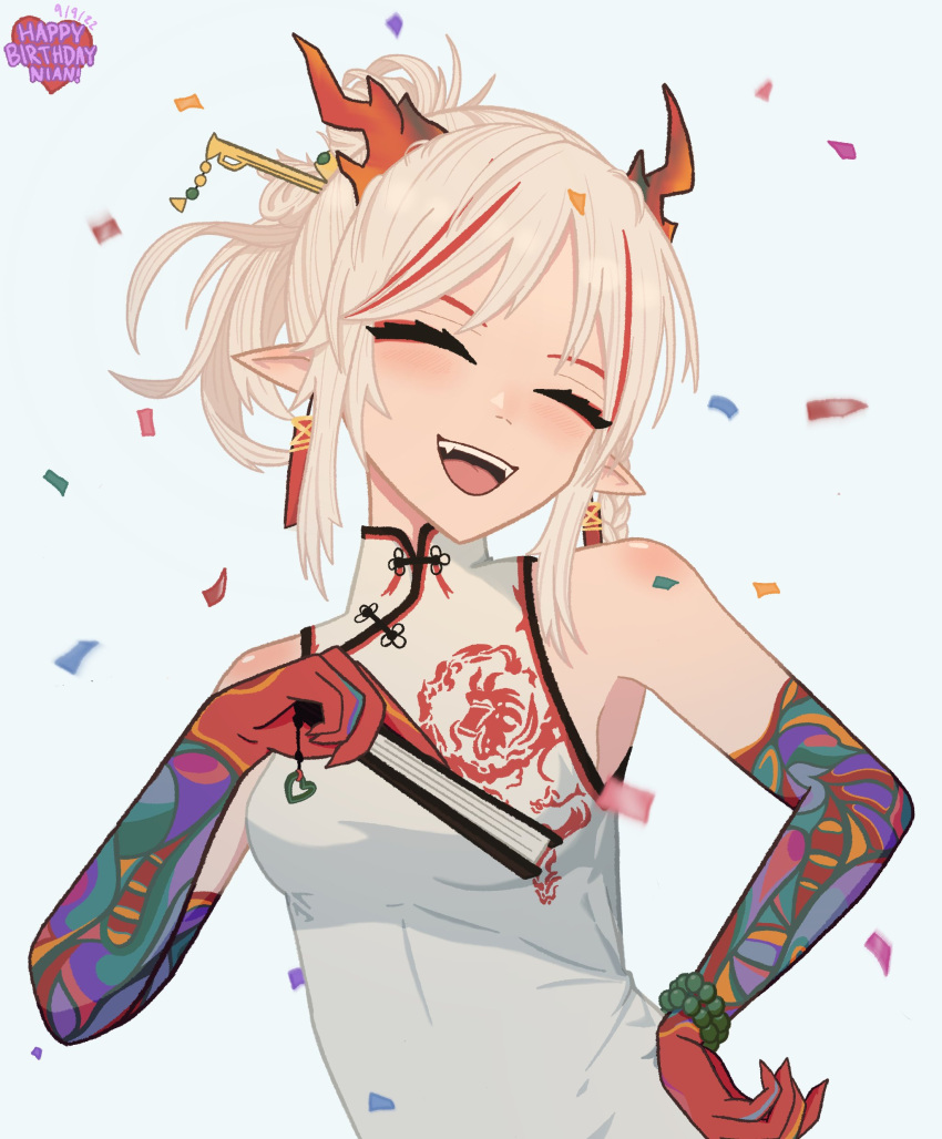 1girl :d absurdres arknights arm_tattoo breasts character_name china_dress chinese_clothes colored_skin confetti dragon_girl dragon_horns dress fangs folded_fan folding_fan hair_ornament hairpin hand_fan hand_on_hip happy_birthday highres holding holding_fan horns looking_at_viewer multicolored_hair nian_(arknights) nian_(unfettered_freedom)_(arknights) official_alternate_costume open_mouth pointy_ears ponytail red_hair red_skin selmer simple_background sleeveless sleeveless_dress small_breasts smile solo streaked_hair tattoo teeth upper_body upper_teeth white_background white_hair