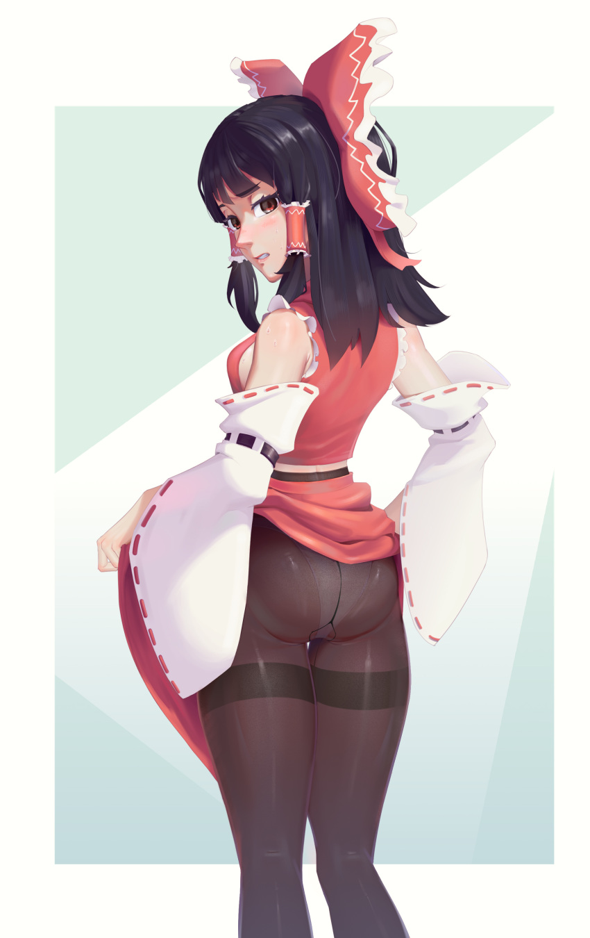 1girl absurdres ass bangs bare_shoulders black_hair black_pantyhose bow breasts chinese_commentary clothes_lift detached_sleeves frilled_hair_tubes frills from_behind h.an_(516635864) hair_bow hair_tubes hakurei_reimu highres lifted_by_self long_hair long_sleeves looking_back medium_breasts no_bra nontraditional_miko nose panties pantyhose parted_lips pink_lips red_bow red_eyes red_skirt ribbon-trimmed_sleeves ribbon_trim sideboob skirt skirt_lift skirt_set solo standing straight_hair sweat teeth thigh_gap thighband_pantyhose touhou underwear white_panties white_sleeves wide_sleeves